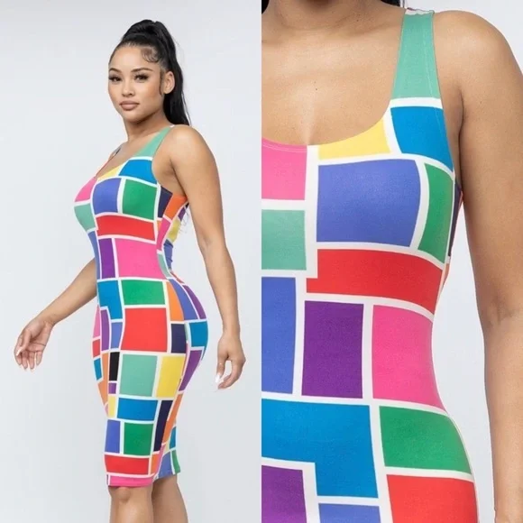TANK TOP MULTI COLORFUL COLOR BLOCK FITTED BODYCON‎ MIDI DRESS - Picture 8 of 8